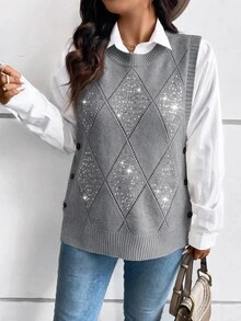 SHEIN LUNE Plus Size Women Solid Color Patchwork Sequin Side Button Design Knit Vest - Light Grey - View 7