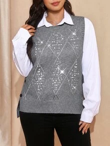 SHEIN LUNE Plus Size Women Solid Color Patchwork Sequin Side Button Design Knit Vest - Light Grey - View 6