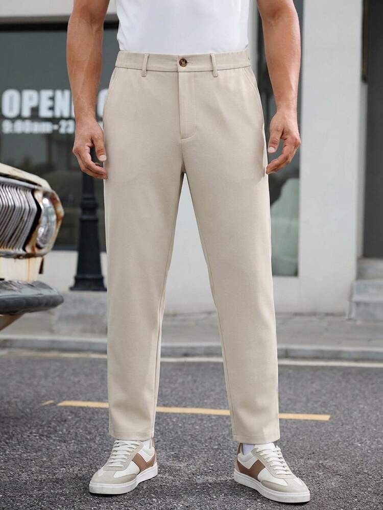 HIMLAND Men's Woven Fitted Casual Long Mid-Waist Straight Leg Dress Pants, Suitable For Spring And Summer - Light Grey - View 1