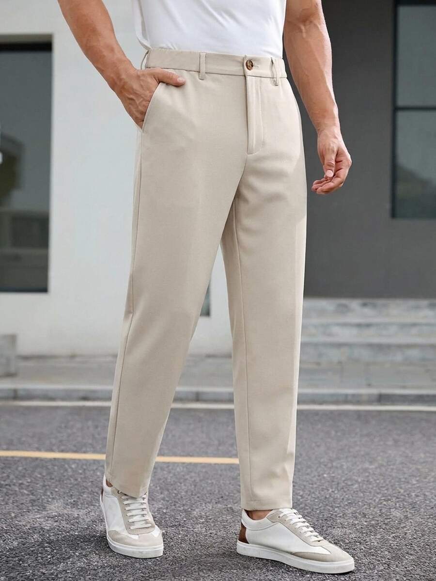 HIMLAND Men's Woven Fitted Casual Long Mid-Waist Straight Leg Dress Pants, Suitable For Spring And Summer - Light Grey - View 1