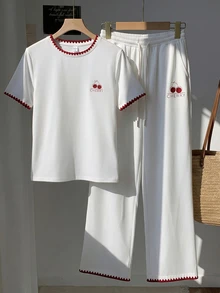 Comfortcana Chic Women's White Cherry Print Short Sleeve T-Shirt With Unique Red Crochet Detail On Neckline And - White - View 5