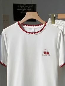 Comfortcana Chic Women's White Cherry Print Short Sleeve T-Shirt With Unique Red Crochet Detail On Neckline And - White - View 4