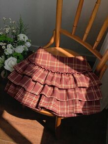 INAWLY Plaid Puff Ruffle Cake Skirt - Red - View 3