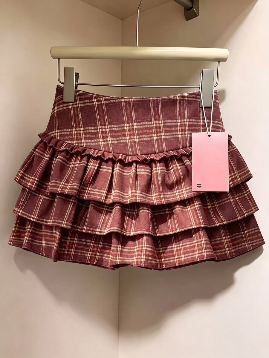INAWLY Plaid Puff Ruffle Cake Skirt - Red - View 1