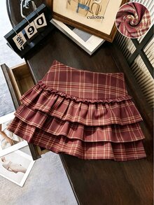 INAWLY Plaid Puff Ruffle Cake Skirt - Red - View 5