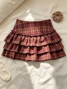 INAWLY Plaid Puff Ruffle Cake Skirt - Red - View 4