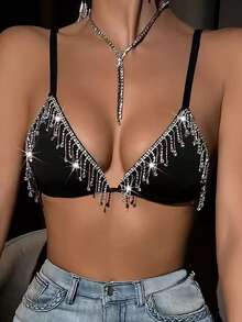 SHEIN Swim 女士新款流苏挂脖系带比基尼上衣 - 黑色 - 查看 1