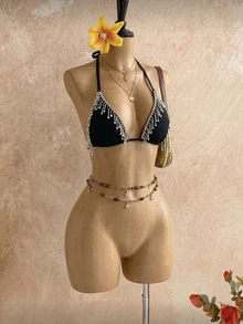 SHEIN Swim 女士新款流苏挂脖系带比基尼上衣 - 黑色 - 查看 3