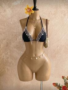 SHEIN Swim 女士新款流苏挂脖系带比基尼上衣 - 黑色 - 查看 2