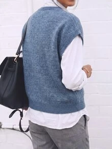 Louniche 夏季新款休閒可愛通勤女款寬鬆舒適優雅無袖提花圓領針織背心上衣，白藍花卉，適合派對與早午餐 - 藍色 - 查看 2