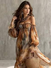 Glimmora Women's Fashion Strapless Backless Long Sleeve Tie-Dye Print Dress - Multicolor - View 6