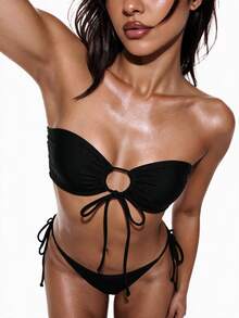 Swim Basics Bañador bikini bandeau con cordón lateral con cordón - Negro - Ver 7