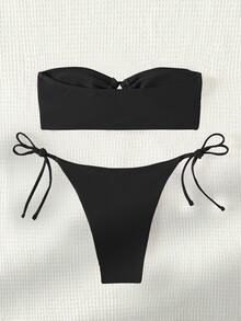Swim Basics Bañador bikini bandeau con cordón lateral con cordón - Negro - Ver 3