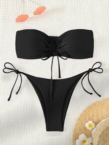 Swim Basics Bañador bikini bandeau con cordón lateral con cordón - Negro - Ver 4