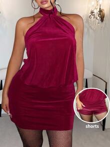 GalTyme Plus Size Women Spring Summer Solid Color Pleated Fashion Date Party Halter Neck Dress - Burgundy - View 1