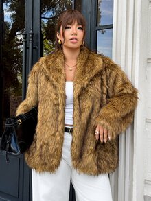 GalTyme Plus Size Women's Long Sleeve Loose Open Front Faux Fur Coat Dinner Winter Sexy Party - Camel - View 6