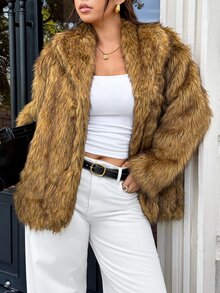 GalTyme Plus Size Women's Long Sleeve Loose Open Front Faux Fur Coat Dinner Winter Sexy Party - Camel - View 1