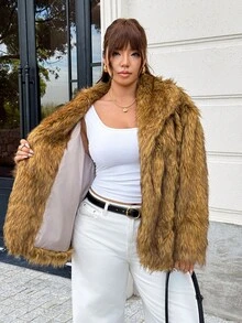 GalTyme Plus Size Women's Long Sleeve Loose Open Front Faux Fur Coat Dinner Winter Sexy Party - Camel - View 3