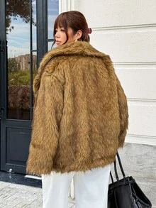 GalTyme Plus Size Women's Long Sleeve Loose Open Front Faux Fur Coat Dinner Winter Sexy Party - Camel - View 2
