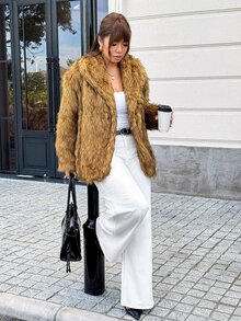 GalTyme Plus Size Women's Long Sleeve Loose Open Front Faux Fur Coat Dinner Winter Sexy Party - Camel - View 4
