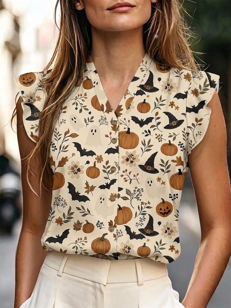 SHEIN LUNE V-Neck Halloween Print Ruffle Armhole Blouse Rave Day Party Beige Summer Cute Casual - Multicolor - View 1