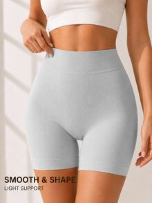 SHEIN Women's Solid Color Seamless High Waist Tummy Control Butt Lift Shaping Shorts - Light Grey - View 3