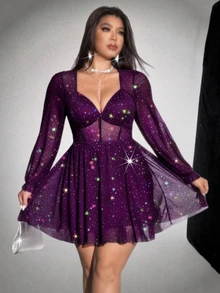 Viva Relle Plus Size Women Sexy V-Neck Long Sleeve A-Line Short Bodycon Dress For Party Fall - Purple - View 4