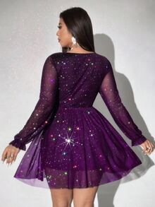 Viva Relle Plus Size Women Sexy V-Neck Long Sleeve A-Line Short Bodycon Dress For Party Fall - Purple - View 2