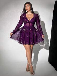 Viva Relle Plus Size Women Sexy V-Neck Long Sleeve A-Line Short Bodycon Dress For Party Fall - Purple - View 3