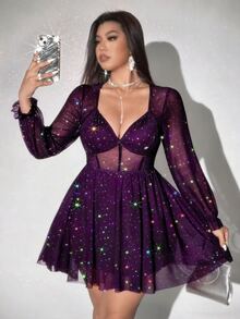Viva Relle Plus Size Women Sexy V-Neck Long Sleeve A-Line Short Bodycon Dress For Party Fall - Purple - View 1