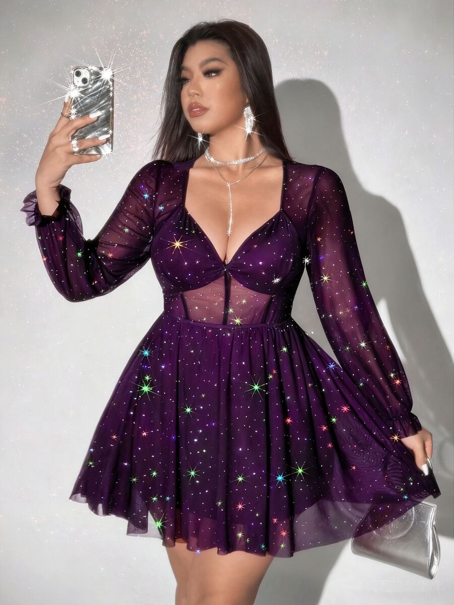 Viva Relle Plus Size Women Sexy V-Neck Long Sleeve A-Line Short Bodycon Dress For Party Fall - Purple - View 1
