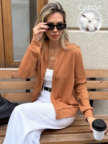 SHEIN LUNE 女款休閒秋冬棉質長袖外套 旅行日常穿著 鐵鏽棕色 秋季女裝 冬季外套 女款秋冬外套 - 棕色 - 查看 4