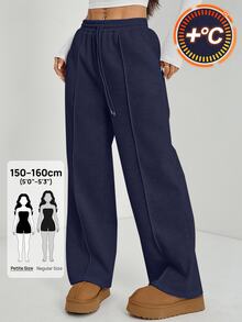 SHEIN PETITE 女款冬季鵝卵石飾細節直筒運動長褲，小碼女款 Panlakad 邁阿密度假早午餐海軍藍休閒款，秋冬，小碼女款 - 藏蓝色 - 查看 1
