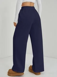SHEIN PETITE 女款冬季鵝卵石飾細節直筒運動長褲，小碼女款 Panlakad 邁阿密度假早午餐海軍藍休閒款，秋冬，小碼女款 - 藏蓝色 - 查看 2