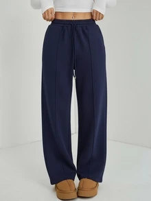 SHEIN PETITE 女款冬季鵝卵石飾細節直筒運動長褲，小碼女款 Panlakad 邁阿密度假早午餐海軍藍休閒款，秋冬，小碼女款 - 藏蓝色 - 查看 6