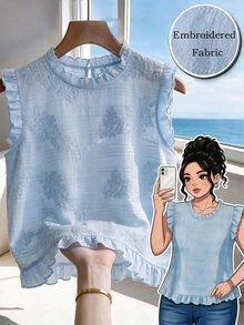 GlowEve CURVE Plus Size Round Neck Ruffle Collar Flutter Sleeve Woven Embroidered Light Blue Blouse Evening Formal Dinner Autumn Fall Clothes For Women - Blue - View 1