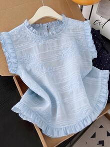 GlowEve CURVE Plus Size Round Neck Ruffle Collar Flutter Sleeve Woven Embroidered Light Blue Blouse Evening Formal Dinner Autumn Fall Clothes For Women - Blue - View 3
