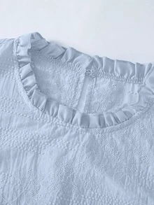 GlowEve CURVE Plus Size Round Neck Ruffle Collar Flutter Sleeve Woven Embroidered Light Blue Blouse Evening Formal Dinner Autumn Fall Clothes For Women - Blue - View 5