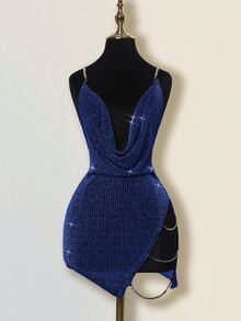 SHEIN ICON 引人注目的垂坠领口水钻装饰露背交叉细肩带高开叉迷你连衣裙 - 寶藍色 - 查看 4