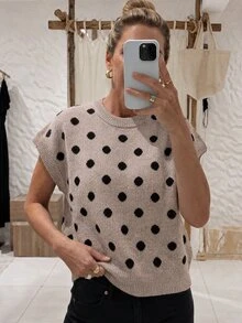 Louniche 秋冬新款卡其色波點休閒優雅復古慵懶針織背心女款針織上衣，適合休閒日常通勤居家辦公穿著，女款優雅針織上衣 - 駝色 - 查看 3