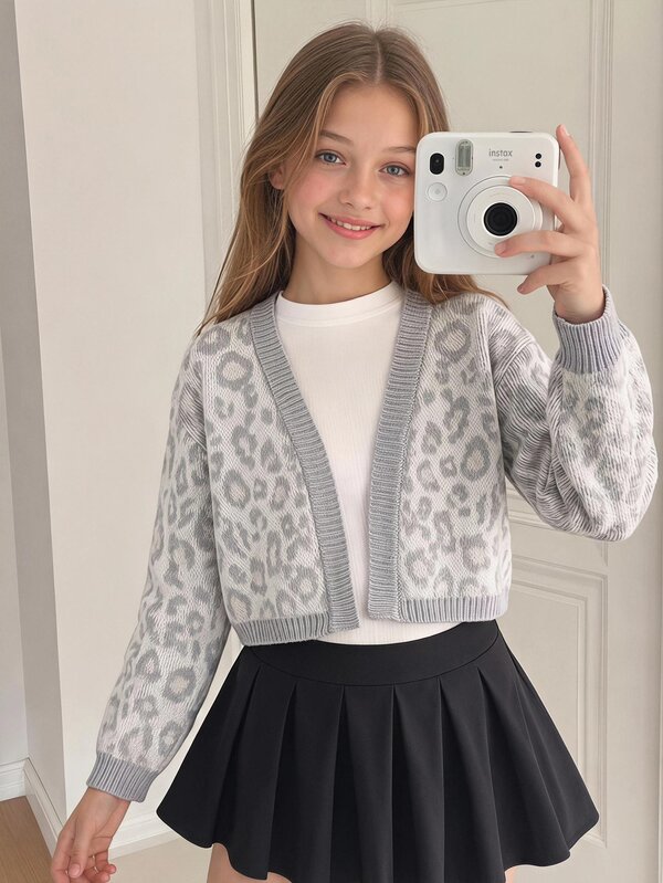SHEIN 1pc Tween Girl V-Neck Cardigan Sweater, Fashion Light Gray With White Leopard Print Texture, Short Length, No Buttons, Dropped Shoulder, Long Sleeve, Casual Sweet Cool Style, Regular Thickness, Neat Hem, Suitable For Layering, Comfortable, Fitted, Durable, Suitable For Daily Wear, School, Outings And Other Occasions, Autumn/Winter Outfit