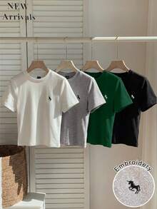 GlowEve 4件組女款白色刺繡圓領短袖修身短版T恤，獨角獸Logo夏季休閒日常度假辦公穿搭 - 彩色 - 查看 3