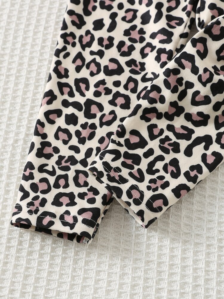 Cozy Pixies Young Girl Cartoon Animal Leopard Print Bear Head Pattern 3D Bow Decor Cream White Knitted Soft Round Neck Long Sleeve Pullover Sweatshirt Elastic Waist Leopard Print Slim Fit Long Pants 2 Pieces Set - Multicolor - View 7