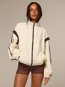 Athîral Women's Beige And Brown Colorblock Sports Jacket,Stand Collar,Long Sleeves,Drawstring Hem,Loose Casual Outerwear For Running And Workouts,Jacket - White - View 5