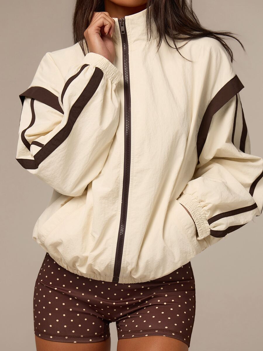 Athîral Women's Beige And Brown Colorblock Sports Jacket,Stand Collar,Long Sleeves,Drawstring Hem,Loose Casual Outerwear For Running And Workouts,Jacket - White - View 1