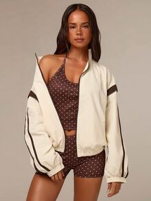 Athîral Women's Beige And Brown Colorblock Sports Jacket,Stand Collar,Long Sleeves,Drawstring Hem,Loose Casual Outerwear For Running And Workouts,Jacket - White - View 4