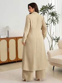 Modelyn Minimalist Casual Solid Color Shirt Collar Long Sleeve Split Hem Extra Long Shirt And Solid Color Elastic Waist Wide Leg Pants, Spring/Autumn Plus Size 2 Pieces Set - Khaki - View 2