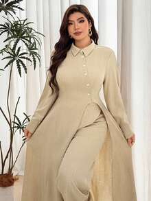 Modelyn Minimalist Casual Solid Color Shirt Collar Long Sleeve Split Hem Extra Long Shirt And Solid Color Elastic Waist Wide Leg Pants, Spring/Autumn Plus Size 2 Pieces Set - Khaki - View 7
