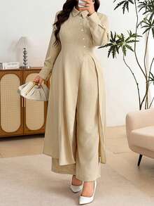 Modelyn Minimalist Casual Solid Color Shirt Collar Long Sleeve Split Hem Extra Long Shirt And Solid Color Elastic Waist Wide Leg Pants, Spring/Autumn Plus Size 2 Pieces Set - Khaki - View 5