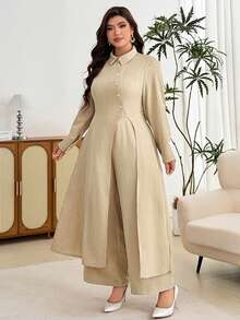 Modelyn Minimalist Casual Solid Color Shirt Collar Long Sleeve Split Hem Extra Long Shirt And Solid Color Elastic Waist Wide Leg Pants, Spring/Autumn Plus Size 2 Pieces Set - Khaki - View 4